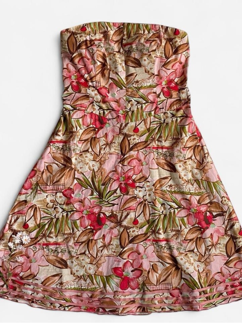 Vintage Y2K pink tropical floral strapless midi dress
